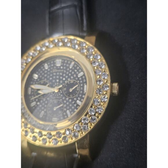 56.6mm gold tonecrystal bezel Fashion Analog Quartz watch w/Genuine Leather Band main image 5